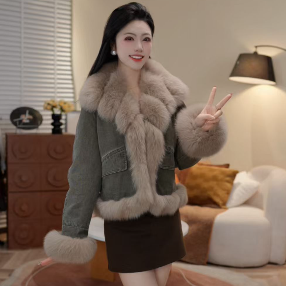 宽松型冬季上衣毛毛拼接常规复古港风短外套网红-1148-恋恋