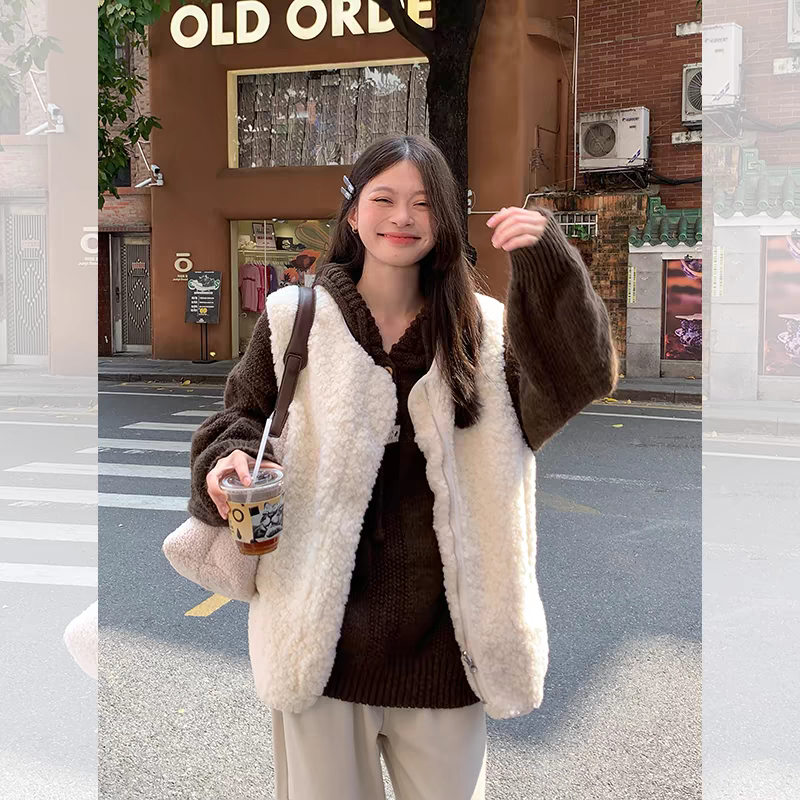 宋正恩毛毛马甲女冬季宽松时尚无袖坎肩背心马夹短款上衣潮Y81912
