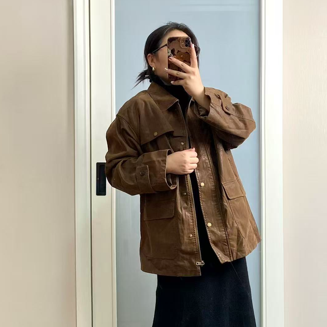 高级复古感磨砂翻领中长款皮衣外套