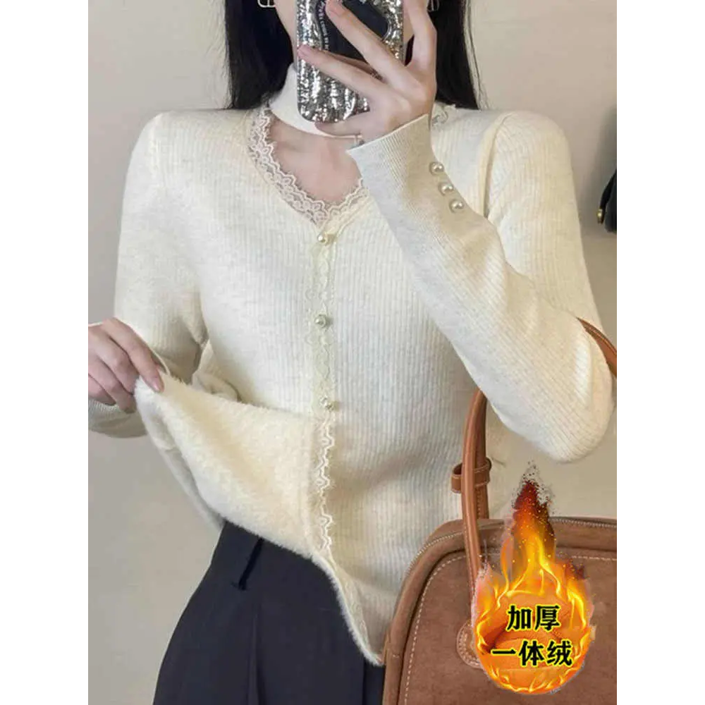 冬季法式挂脖小心机蕾丝领毛衣女保暖一体绒针织打底衫修身164