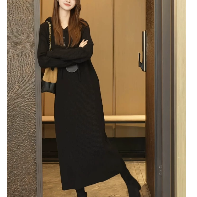 《夕月家服饰》冬季 黑色 针织连衣裙 气质 百搭 显瘦 宽松连衣裙