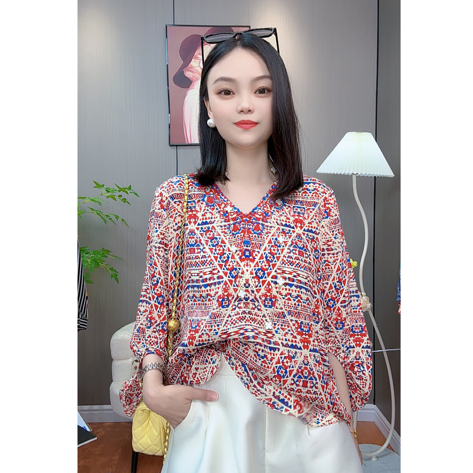时尚宽松兜兜袖真丝桑蚕丝上衣女夏季