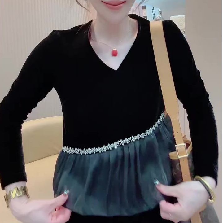 拼接短袖透气V领美拉德风连衣裙内搭长袖纯欲辣妹风