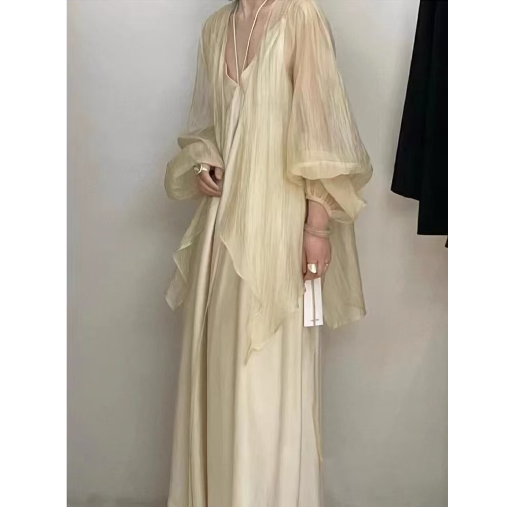 小迪家设计师款气质系带防晒衫吊带连衣裙长裙两件套装9062