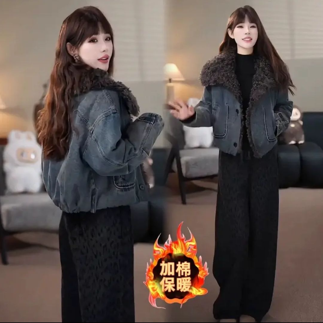 【有运费险】时尚洋气大翻领拼接牛仔外套女冬季新款保暖韩版小个子