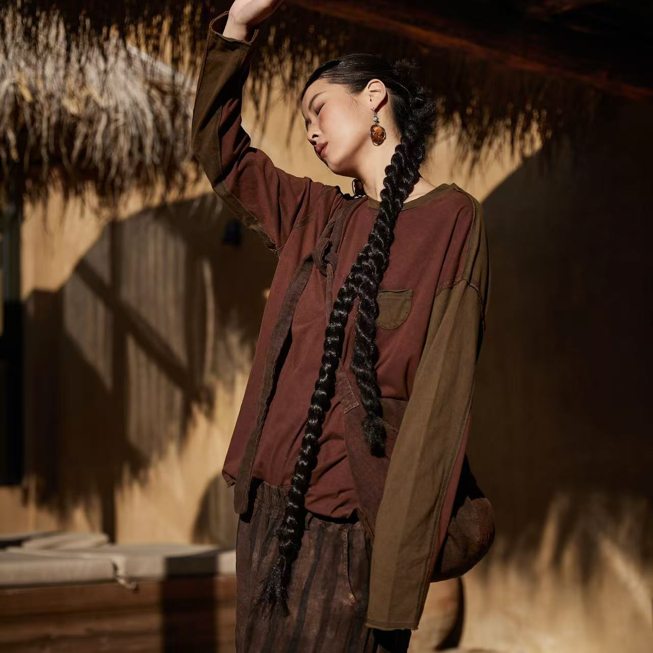 木木棉麻分享（麻依者）1199均码纯棉拼接套头长袖圆领宽松百搭T恤