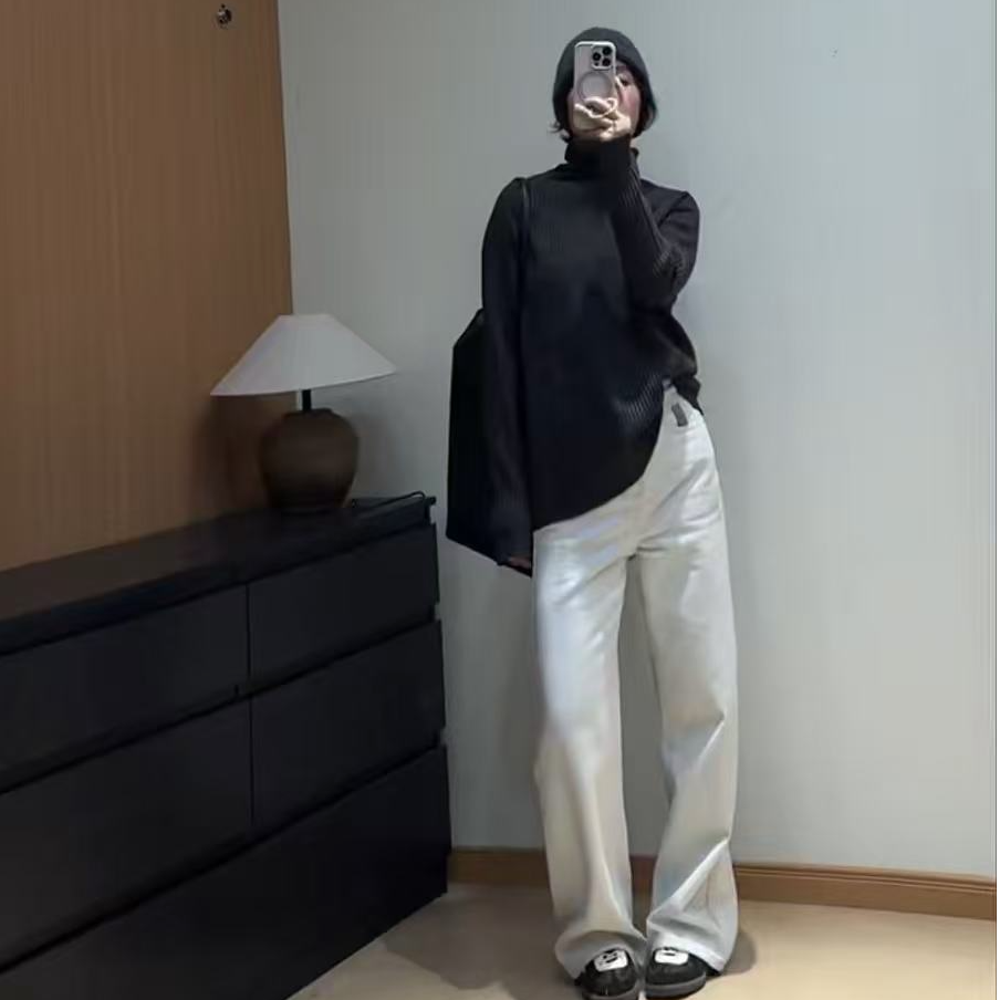 HEAN/禾桉 进口牛仔特定色染灰白牛仔裤 植绒加厚小个子遮胯直筒