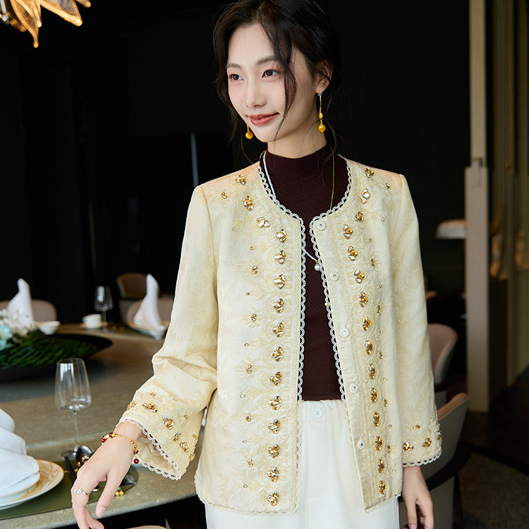 《小暖心选》中式气质长袖小香风真丝羊毛重工外套76049 