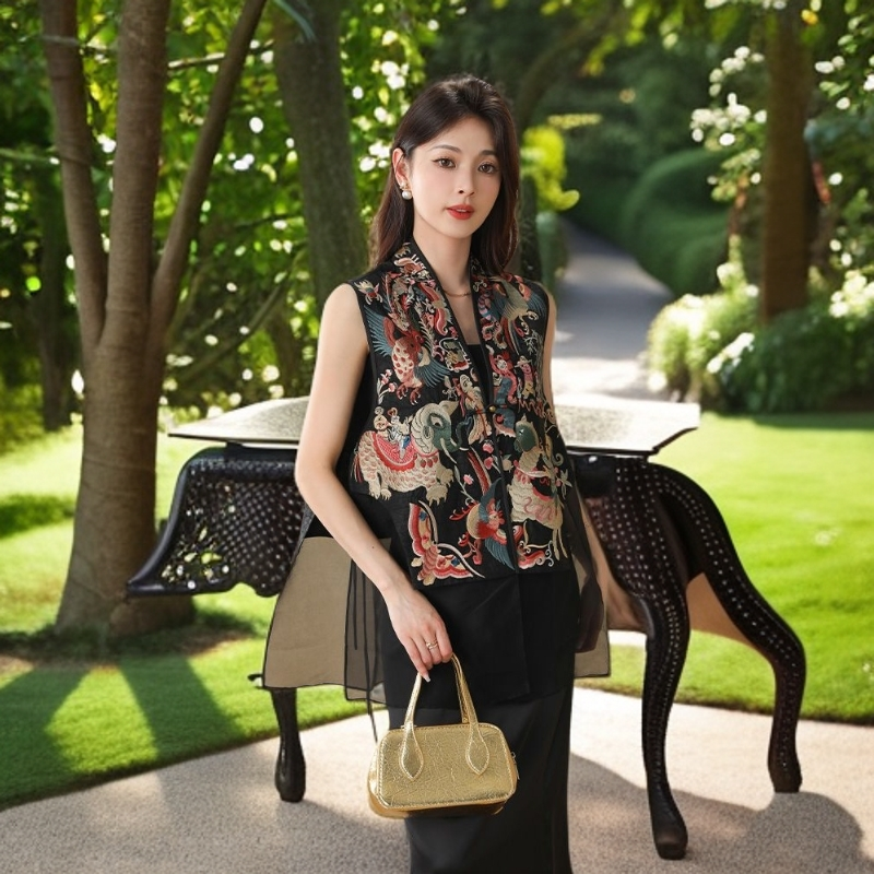 新中式中国风唐装黑色马甲外套女夏季马夹背心独特超好看坎肩上衣