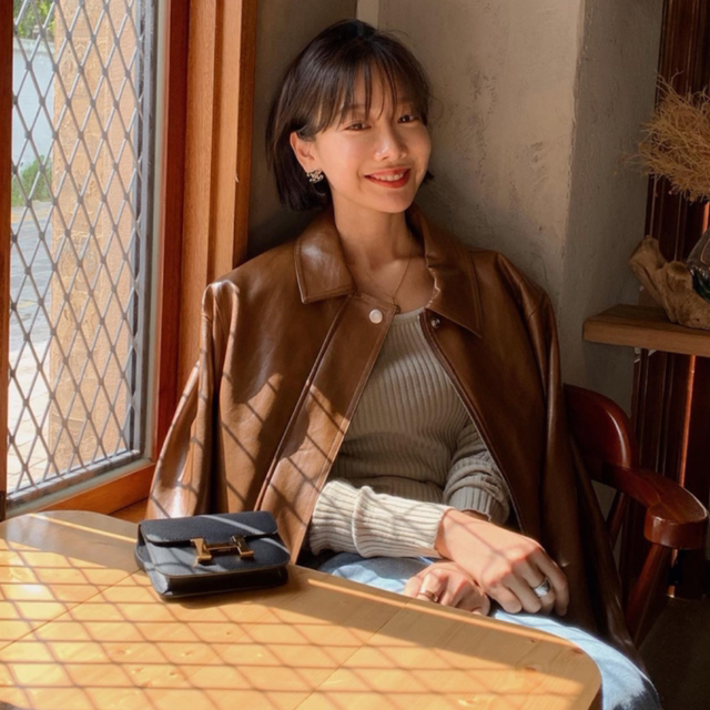 PPSHD复古秋冬小众翻领拉链宽松休闲百搭PU皮长袖棕色皮衣外套女