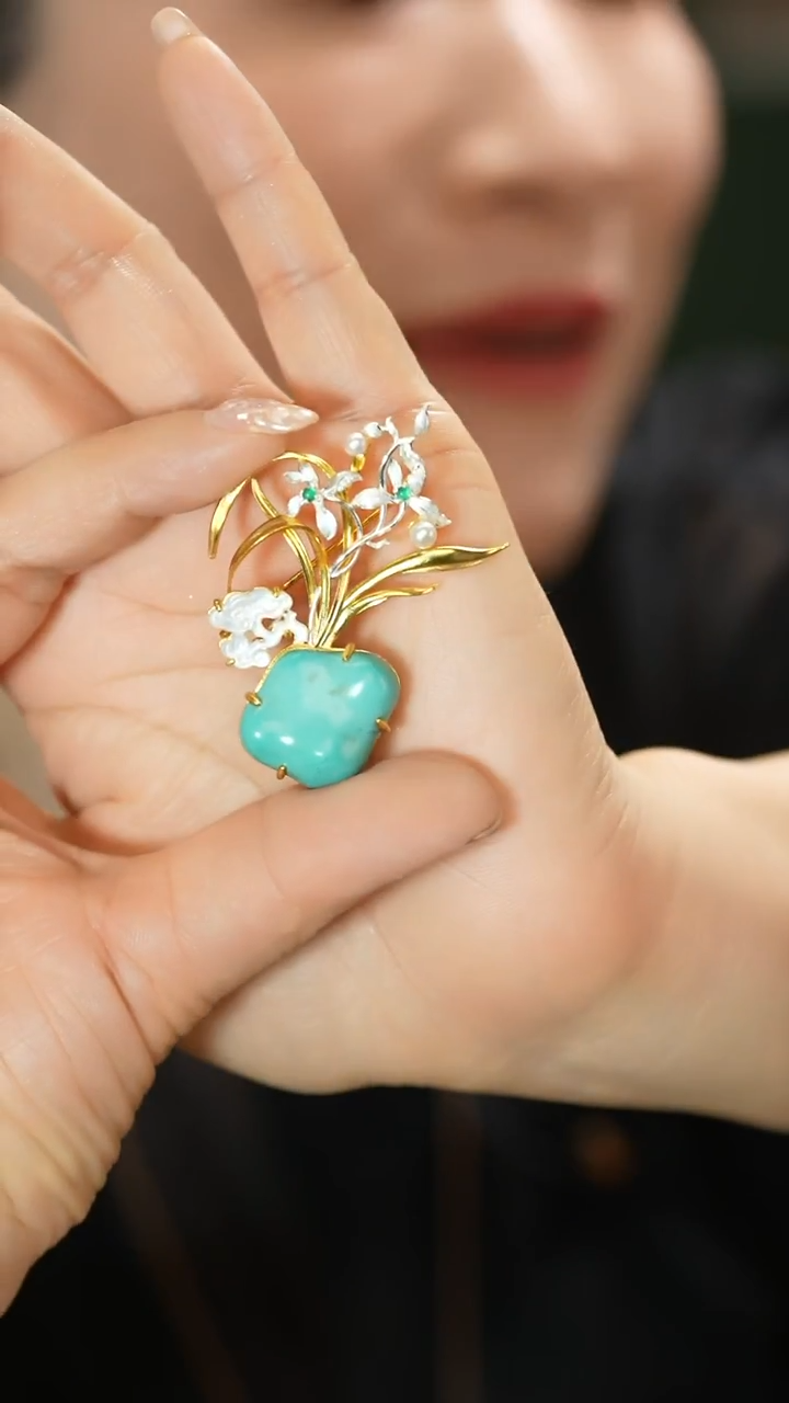 银S925镶嵌绿松石颈饰胸针