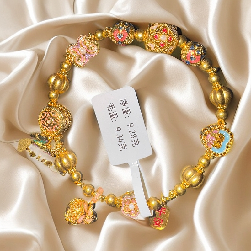 【汤圆】足金999珐琅5D粉花丝葫芦南瓜AB面爱心弹力绳手串 HZ4026