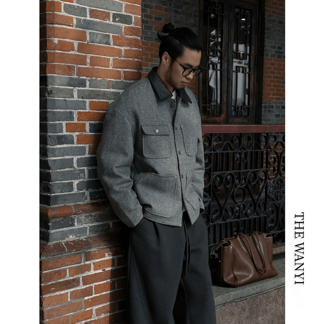 【THE-WANYI】冬季老钱风外套拼接绵羊毛保暖羽绒服舒适百搭夹克潮