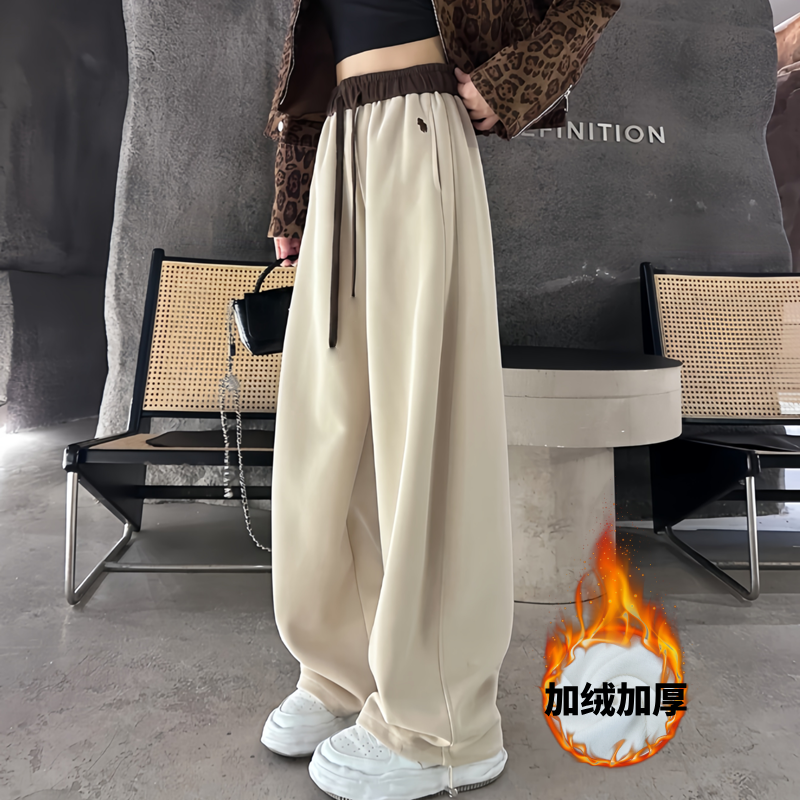 【加绒加厚】慵懒风刺绣秋冬百搭显瘦高腰拼色休闲弯刀裤（一裤两穿）