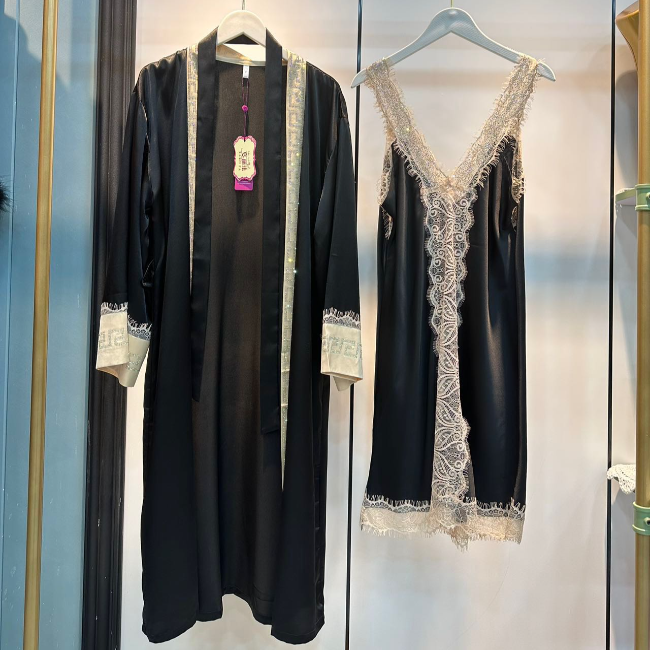 xarifa冰丝烫钻女士睡衣睡裙吊带裙加外搭两件套6435