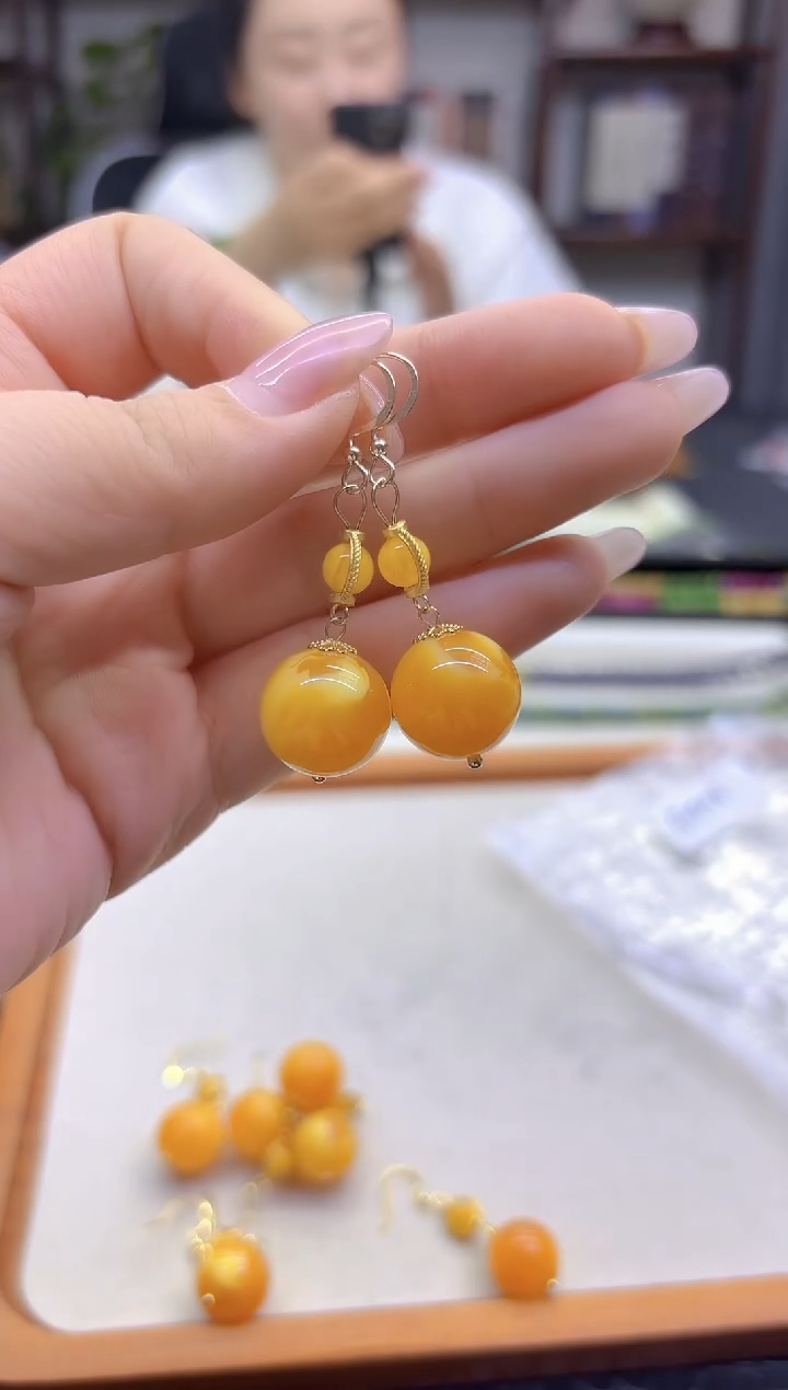 蜜蜡14K金镶嵌耳饰DIY款E496