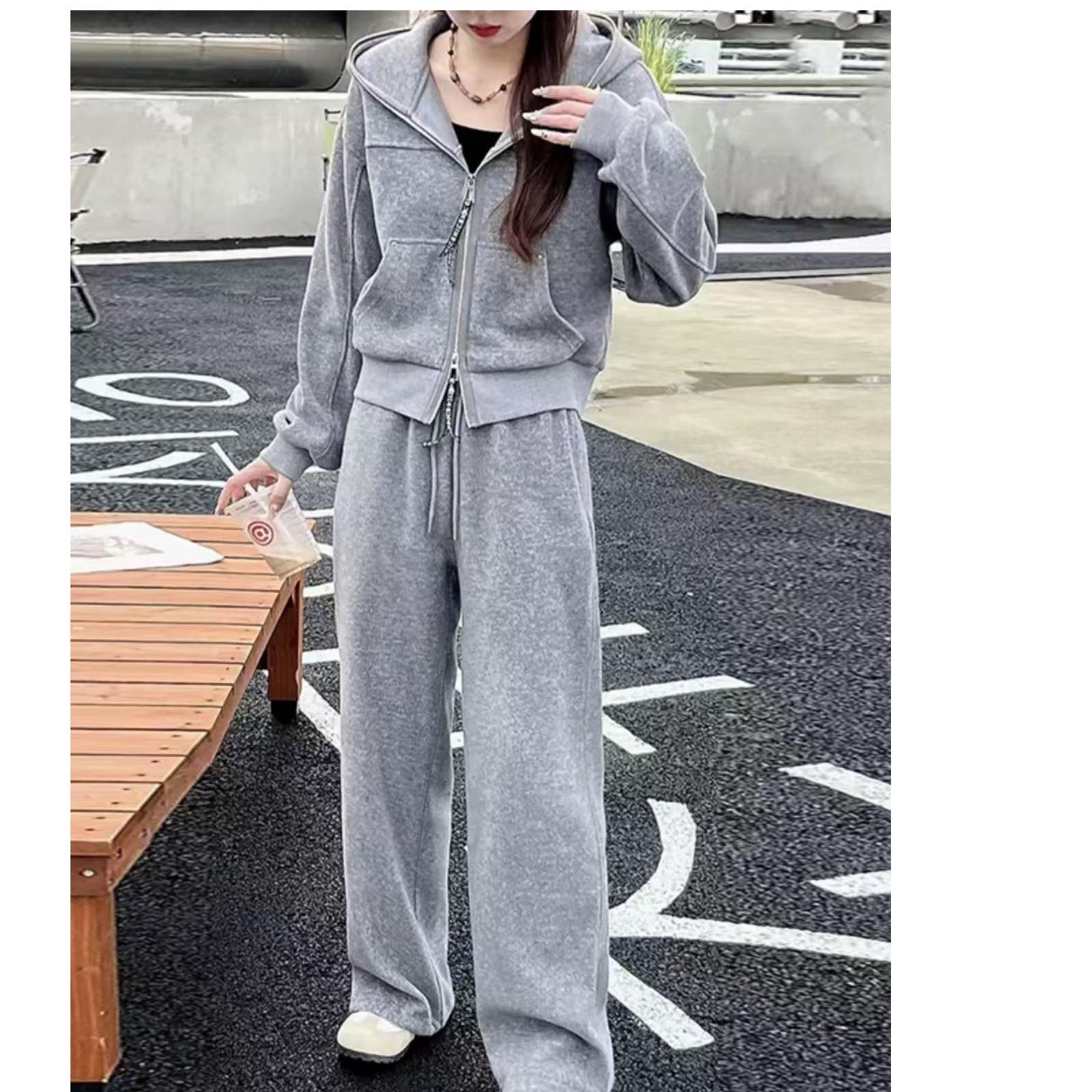 双拉链连帽羊绒卫衣时尚套装女2025时尚加绒洋气休闲两件套
