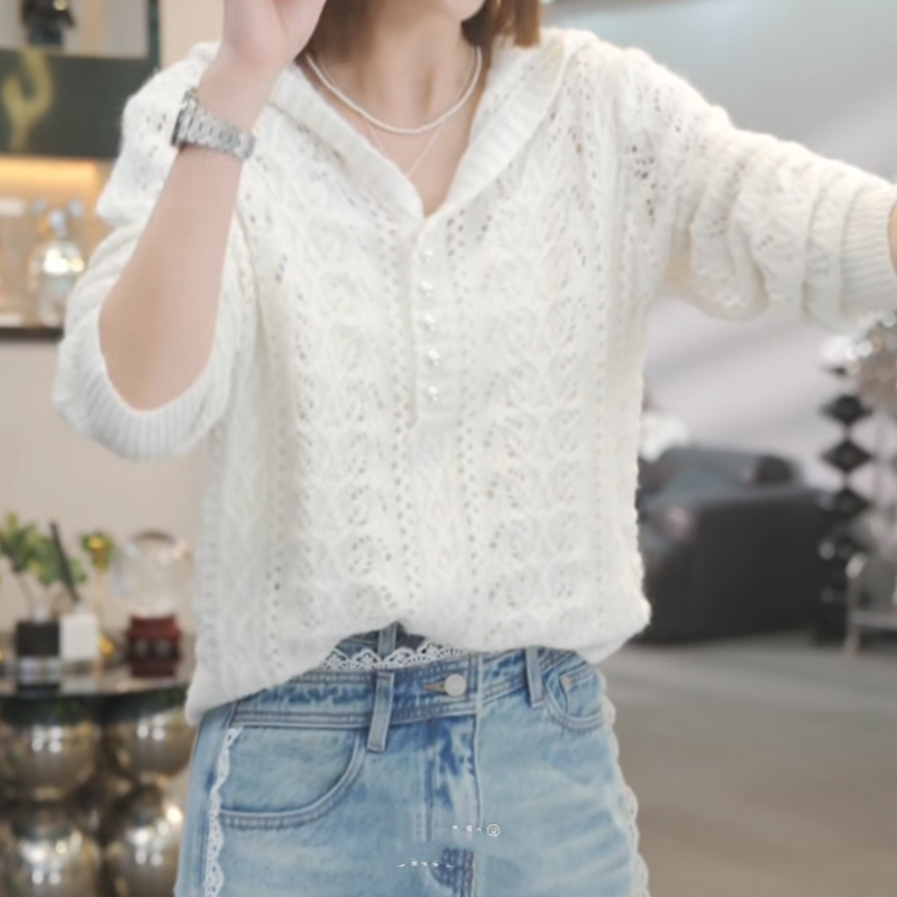 设计感镂空钉珠蕾丝长袖毛衣帽衫2025春季新款气质时尚气质针织衫