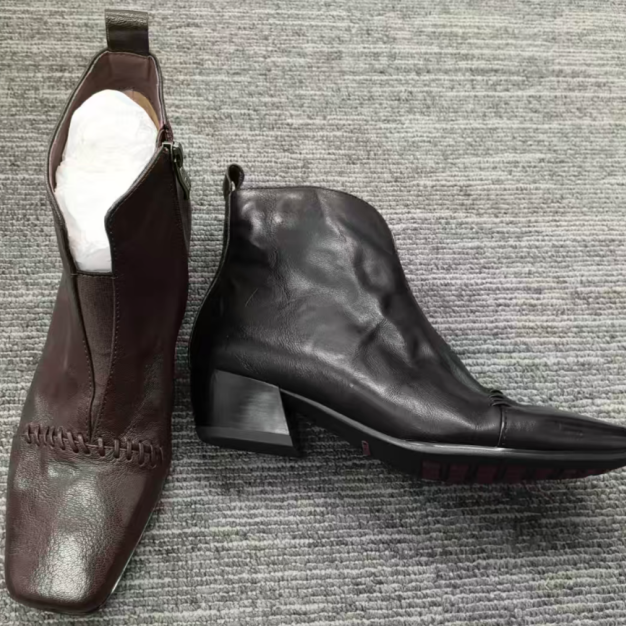 牛仔靴子秋冬低跟黑色方头女粗跟法式短靴方跟高跟5X172 