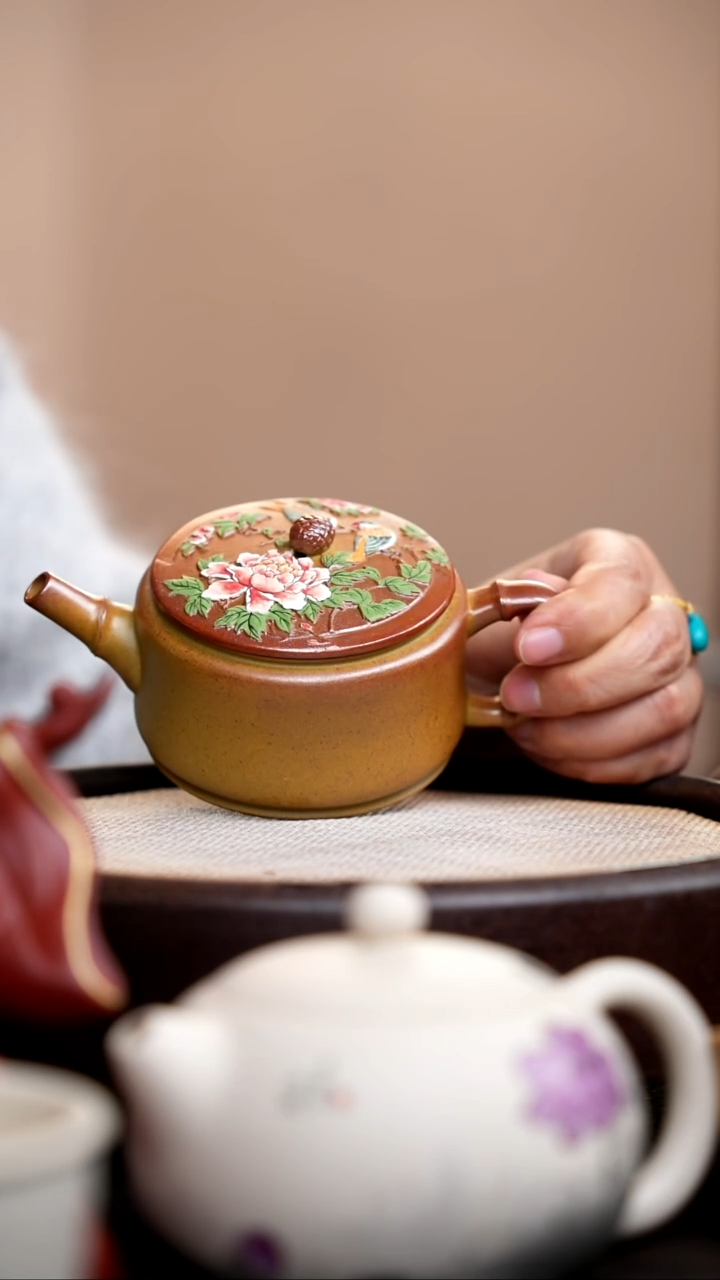 茶壶紫砂柴烧周盘泥绘双鸟  