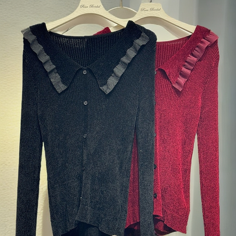 Rosa佳丽疏影/高定进口绒面针织纱线荷叶边V领开衫时尚百搭修身