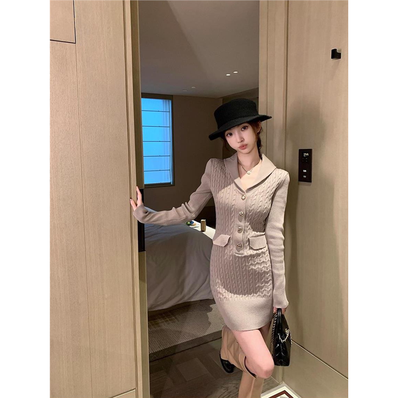 麻花肌理V领修身显瘦针织长袖连衣裙女秋冬单排扣毛衣包臀短裙子