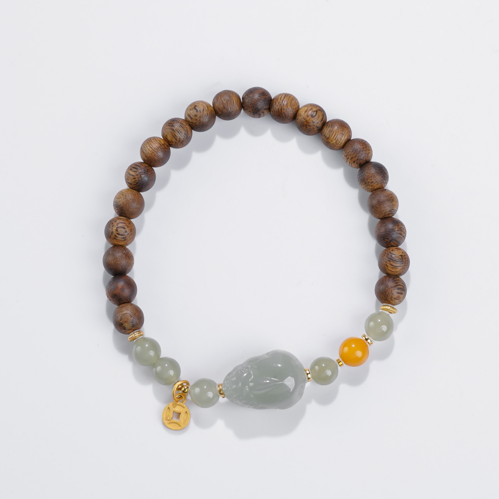 沉香6mm莺歌绿棋楠沉香和田玉貔貅蜜蜡单圈手串
