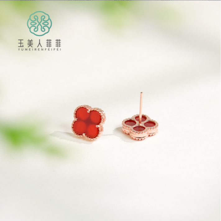 石惑珠宝！红玛瑙四叶草约10mm耳钉-多样性发一