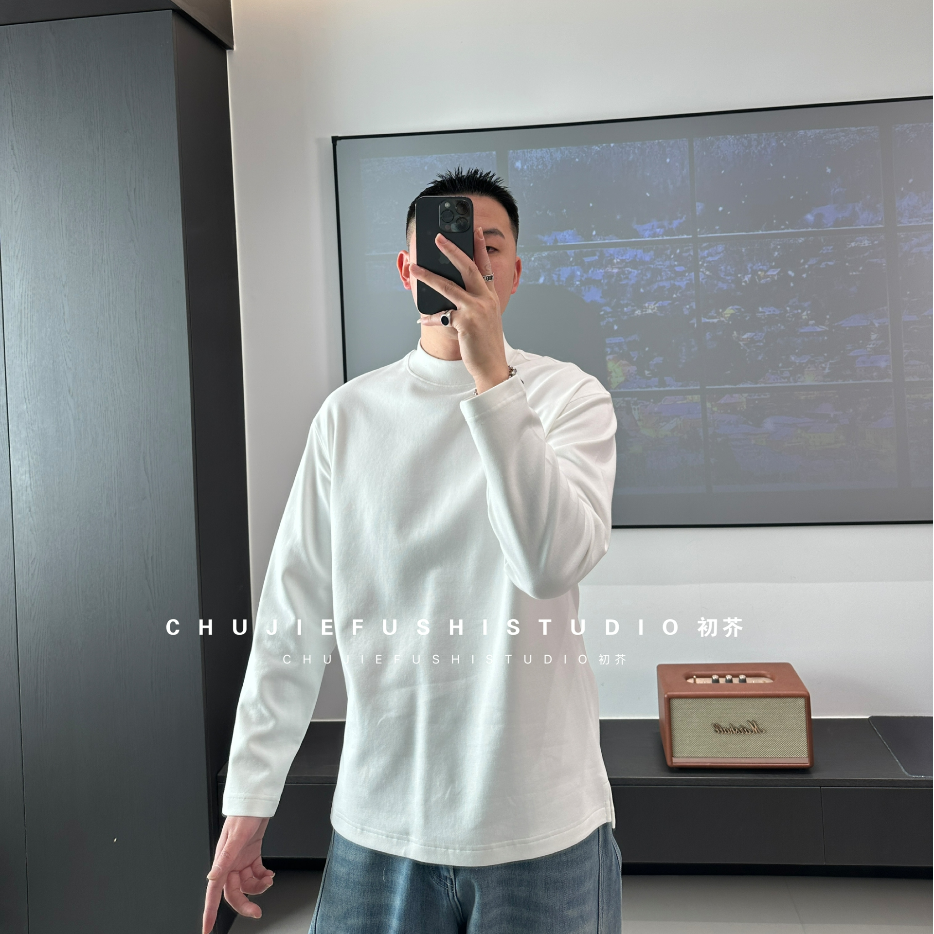 CHUJIE韩版时尚休闲简约百搭纯色磨毛小中领长袖打底