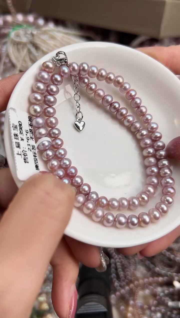 未镶嵌51淡水珍珠粉紫色*无核强光珍珠项链6mm左右