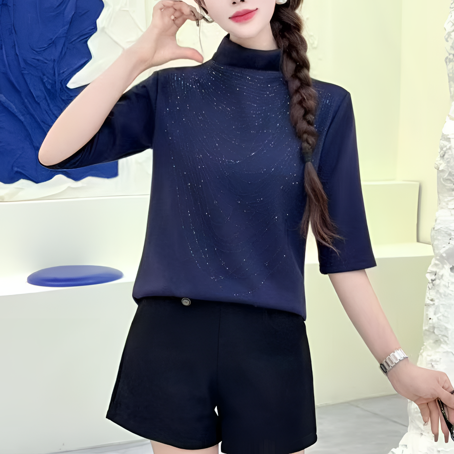 绮绮精选 8836#秋季新款女士半高领短袖打底衫气质显瘦中袖上衣