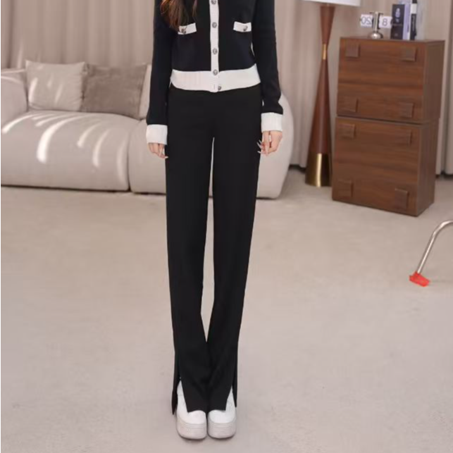 阿玛施AMASS高腰双扣直筒加绒裤时尚显瘦开叉小黑裤长裤女5100417