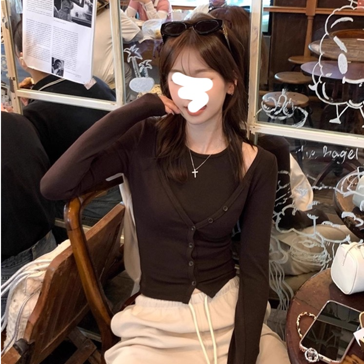 美拉德咖色长袖开衫吊带背心女早秋穿搭修身薄款上衣