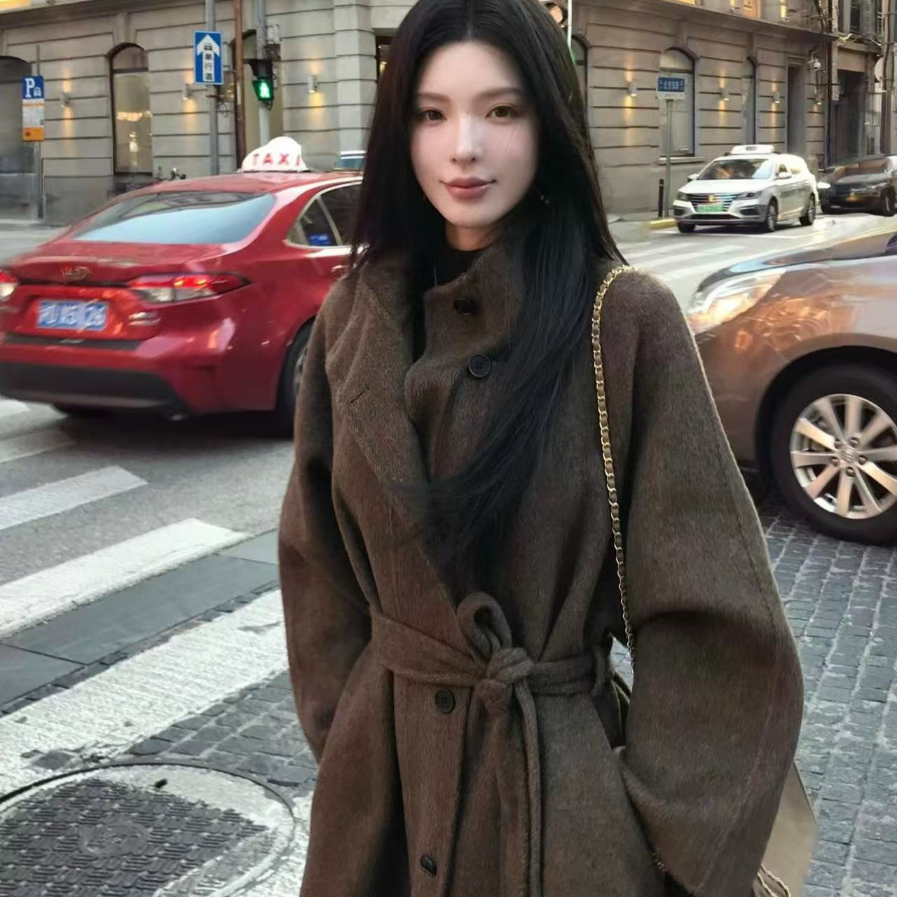 2025年冬季加厚立领双面羊毛大衣女长款韩版A型系带裙摆羊毛外套