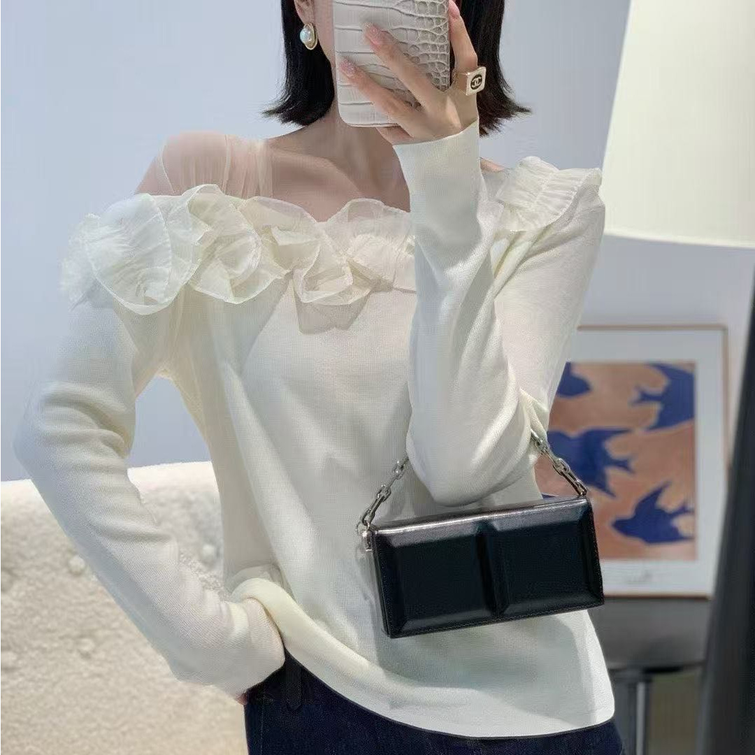 2025秋冬设计款围花拼接针织长袖百搭气质女装显瘦毛针织衫9199