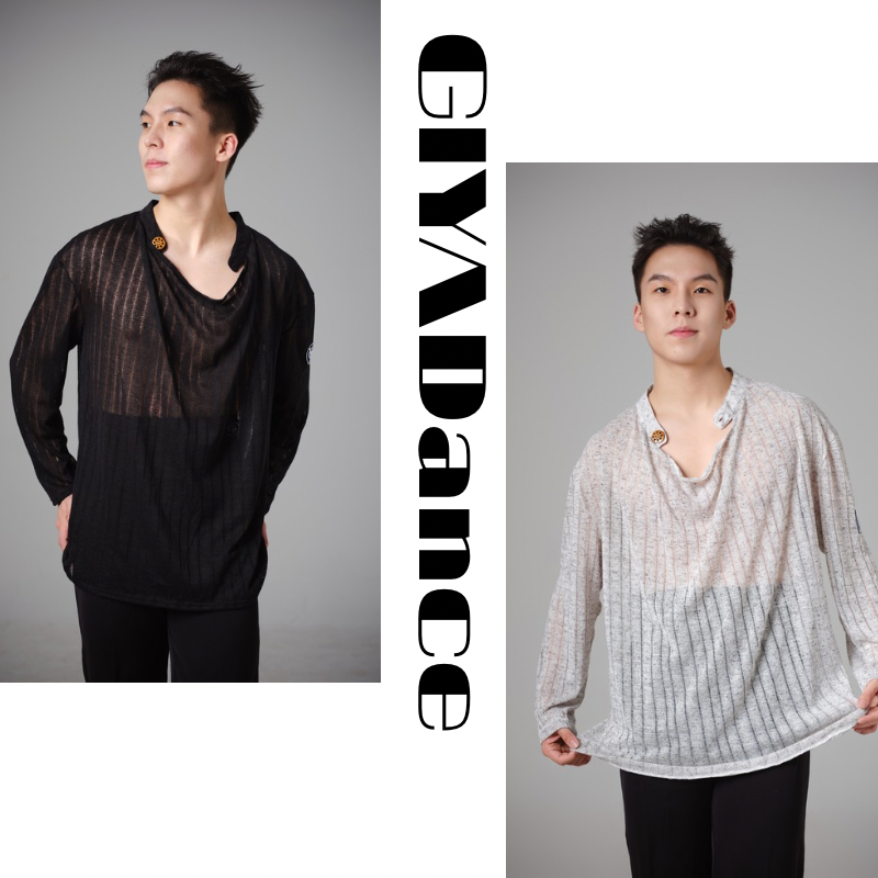 GIYA「云影」新款男士荡领纽扣长袖拉丁国标舞练功服表演服上衣