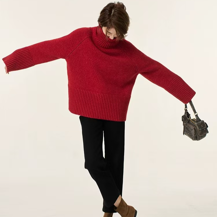 新年红高领长袖套头打底衫宽松休闲减龄针织衫舒适保暖毛衣女
