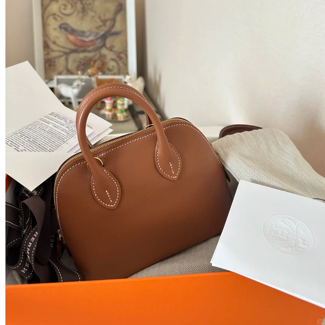 99新 Hermes/爱马仕 小花Jerry保龄球 Mini 19金棕色 B刻包