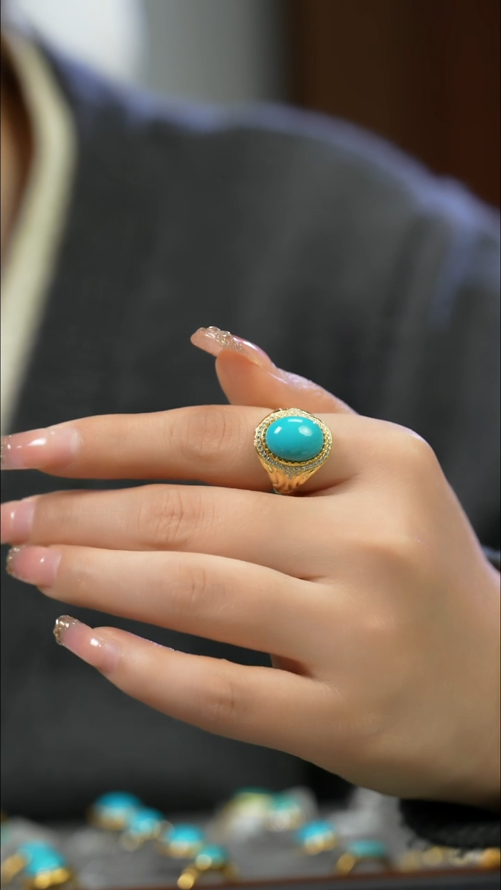 银S925镶嵌绿松石戒指高瓷蛋面