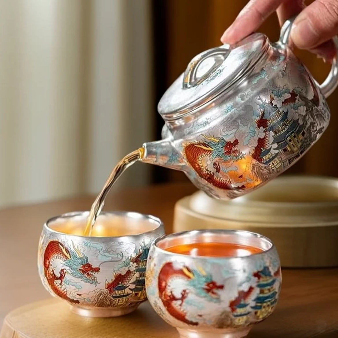 茶具 亭台楼阁龙腾汉瓦银壶一壶两杯套装送礼茶具-2143