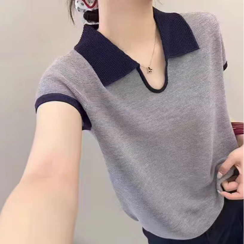 高级雾灰polo2025夏季新品针织女薄款夏季短袖T恤女撞色通勤百搭