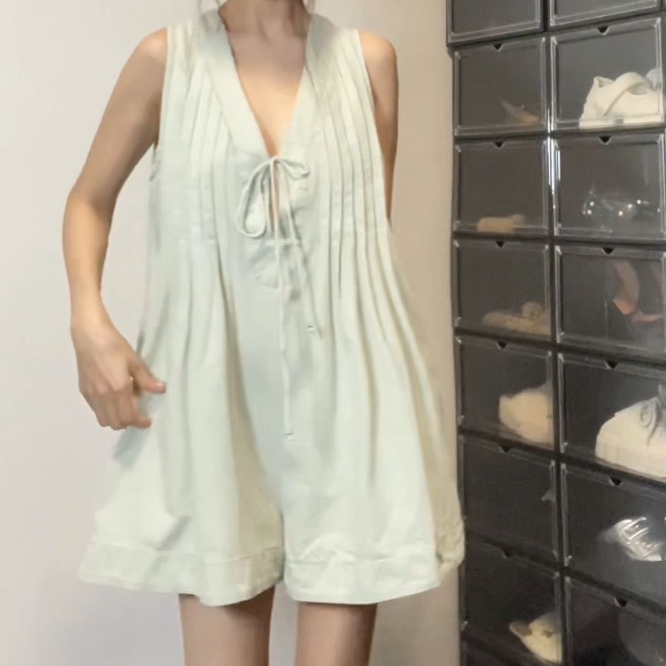 夏款百褶无袖软牛仔连体裤