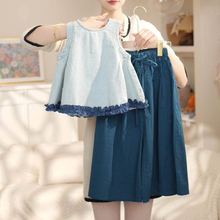 女孩常规韩版纯色夏季套头薄款套装洋气时尚直筒宽松裤子两件套