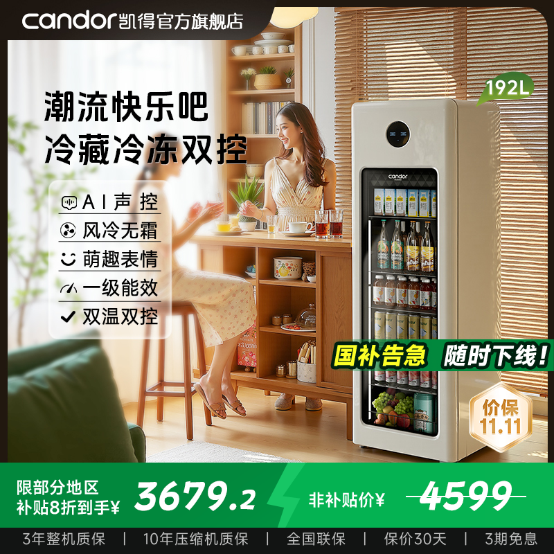 凯得冰吧冷冻冷藏大容量家用客厅高颜值透明冰箱风冷无霜一级能效