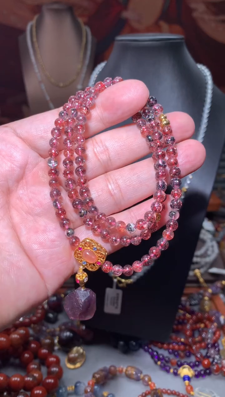 18K金镶嵌珠宝半成品水晶秋**月金草莓108链子