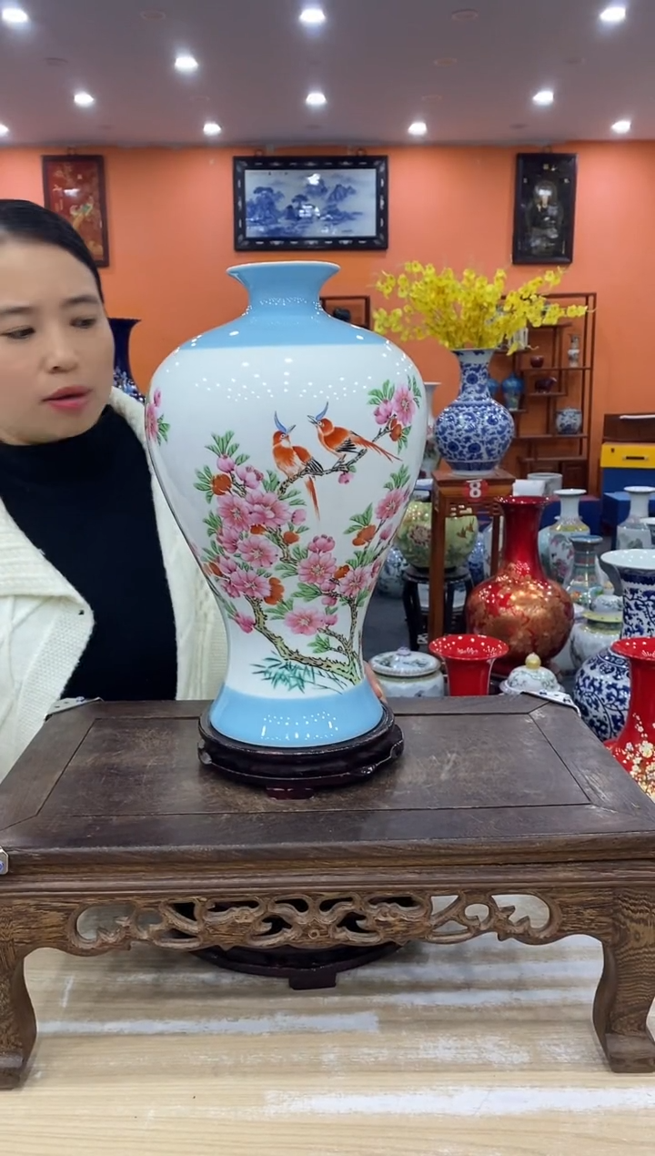 摆件陶景德镇瓷器水点桃花梅瓶（高34+宽20）