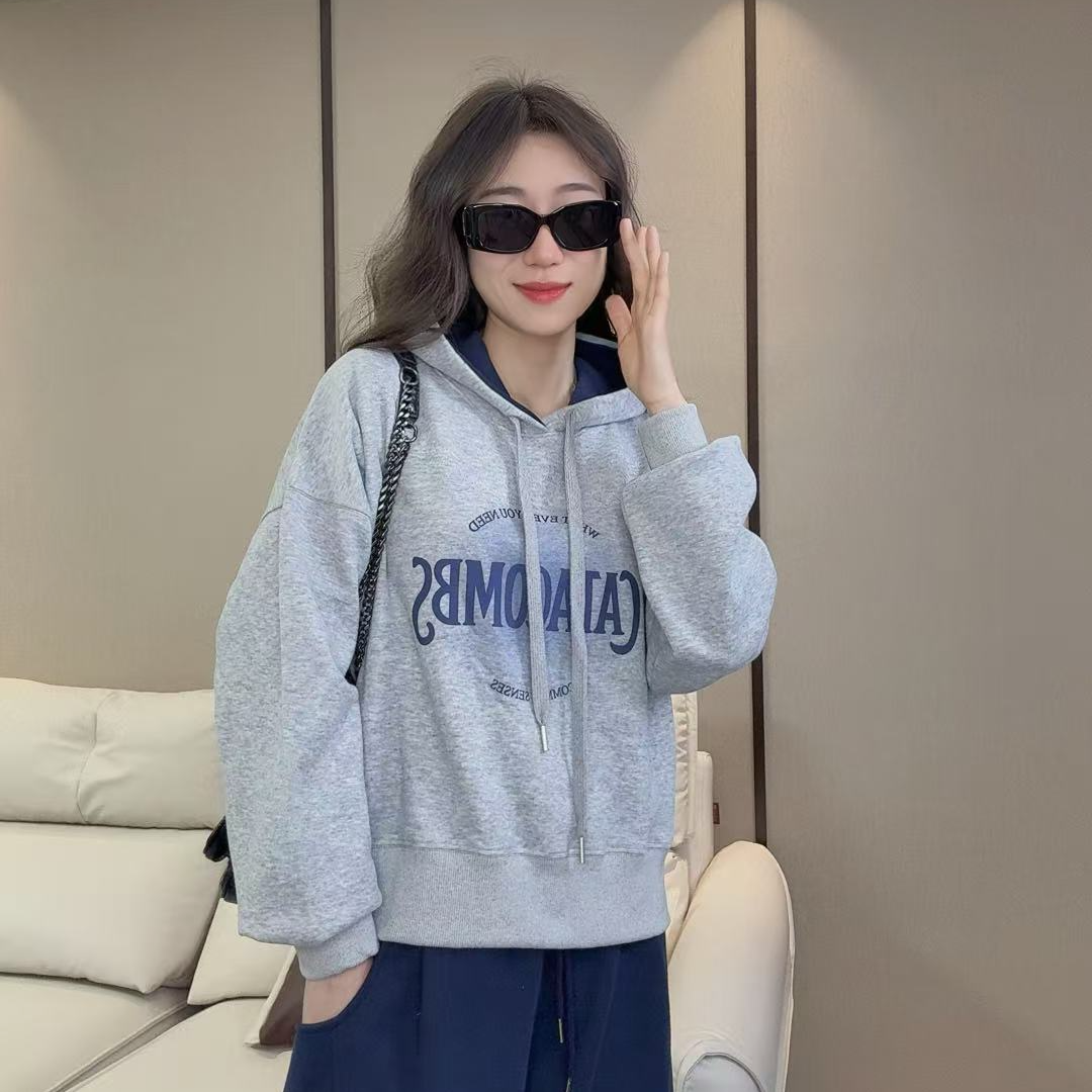 字母女秋季连帽印花透气卫衣秋冬潮流春季时尚休闲百搭宽松显瘦
