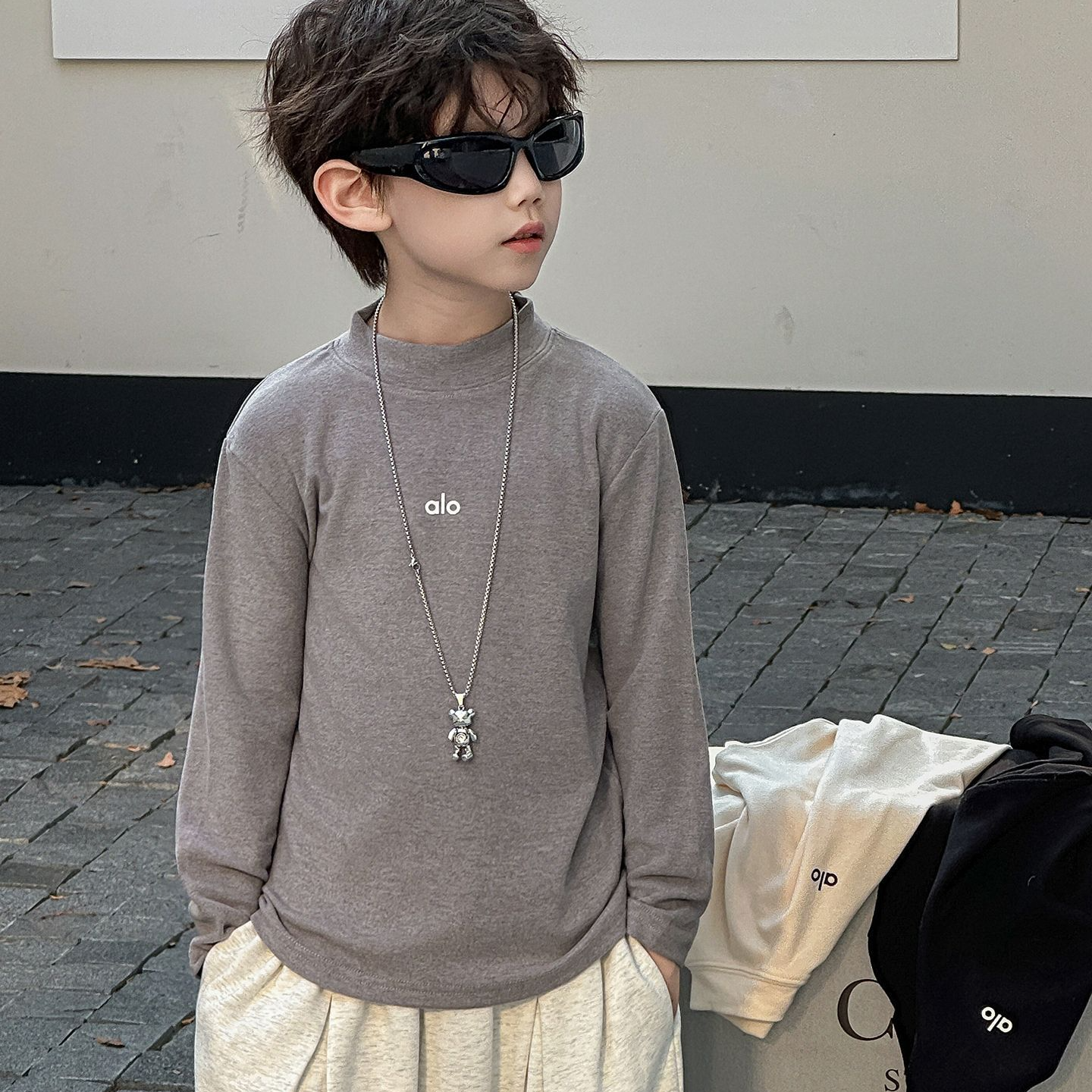 儿童德绒打底衫男童深秋韩版新款套头童装潮酷纯色内搭套头上衣潮