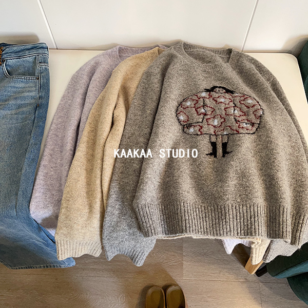 REKAYYAT“小可爱”绵羊毛韩版时尚洋气百搭卡通女孩减龄圆领针织衫