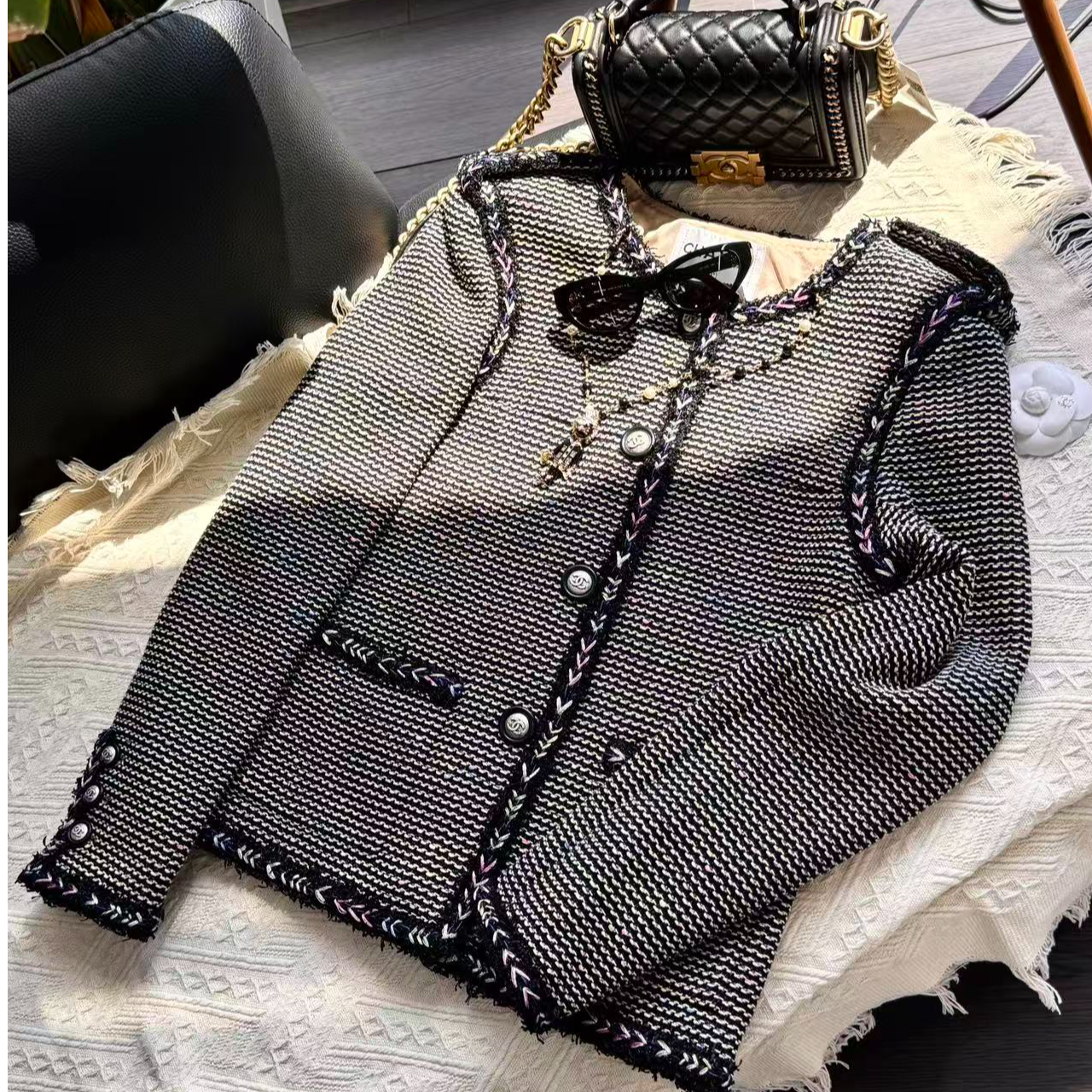 99新 Chanel/香奈儿 16P彩色编织粗花呢圆领外套38码